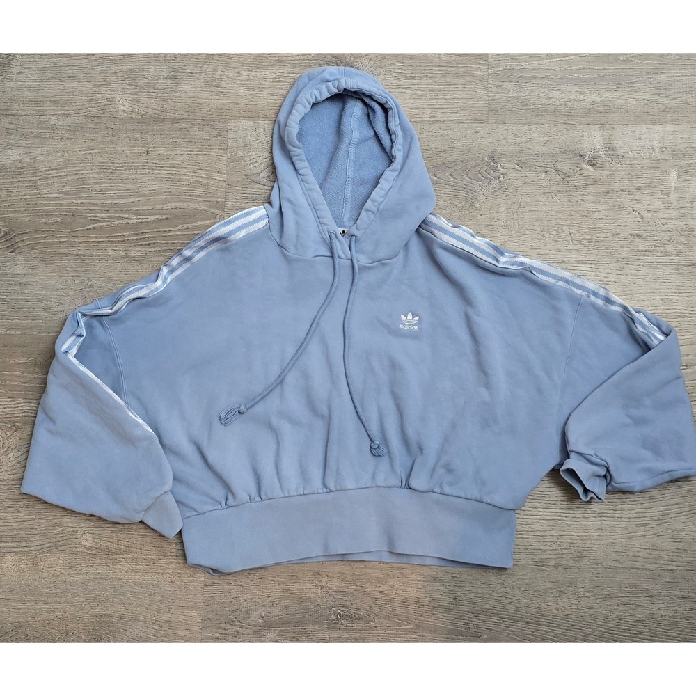 Adidas Cropped Hoodie Womens Medium Blue Excellent 3-Stripe Trefoil Sweatshirt